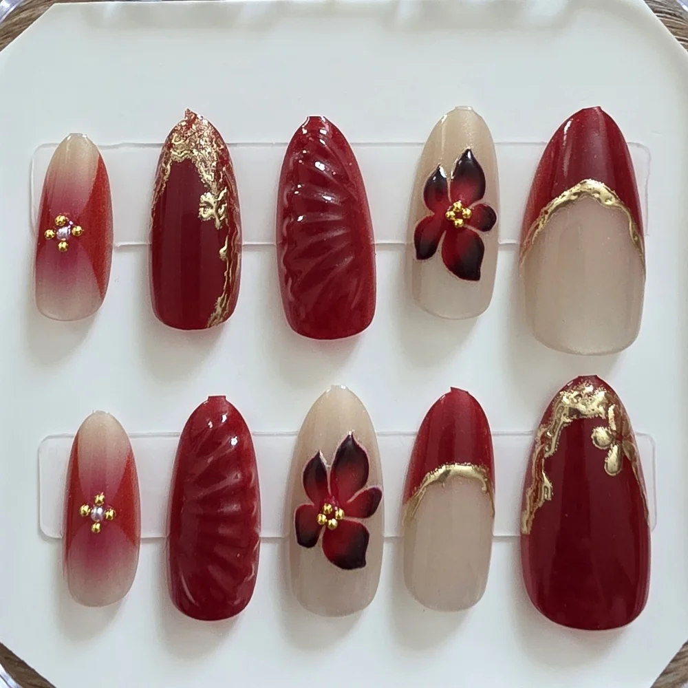 Deep Red & Nude Press Ons - Gold Foil & Floral Accents - Size Small